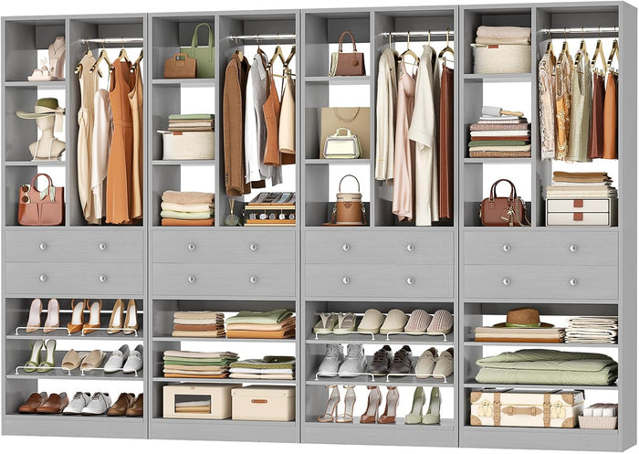 Besiost Closet System, 112"/9.3 FT Closet Organizer System with 8 Drawers and Shelves, Fit 120"/10FT Walk-in Closets Systems, Free Standing Reach in Closet Tower, Load 2400+LBS, Morandi Grey 4 Pack