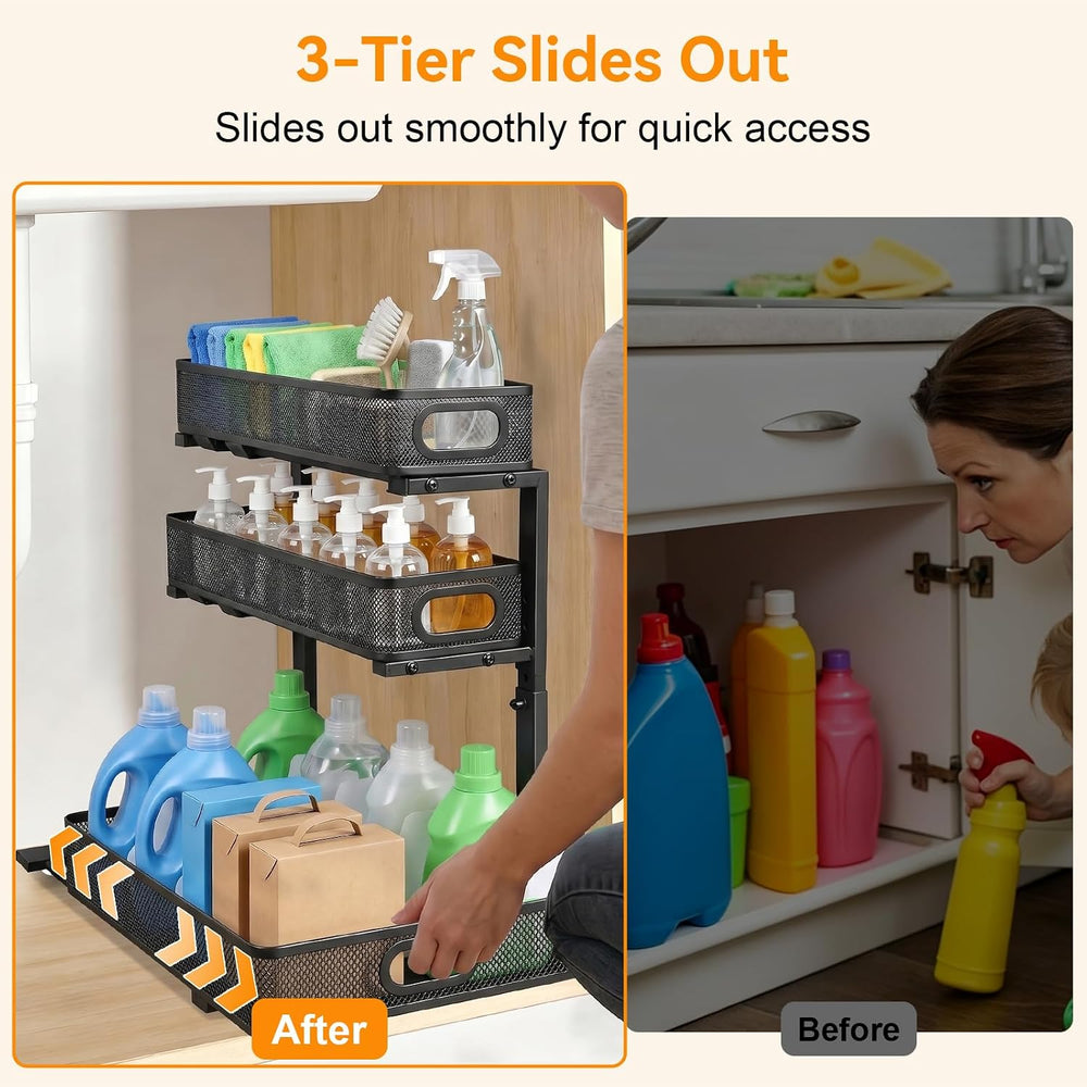3 Tier Adjustable Under Sink Organizer for Bathroom & Kitchen(1Pack, Black)