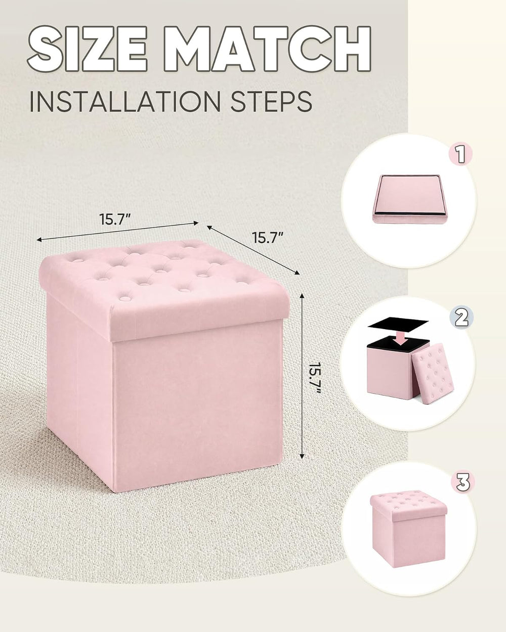 B FSOBEIIALEO Storage Ottoman Cube, Velvet Tufted Folding Ottomans with Lid, ...