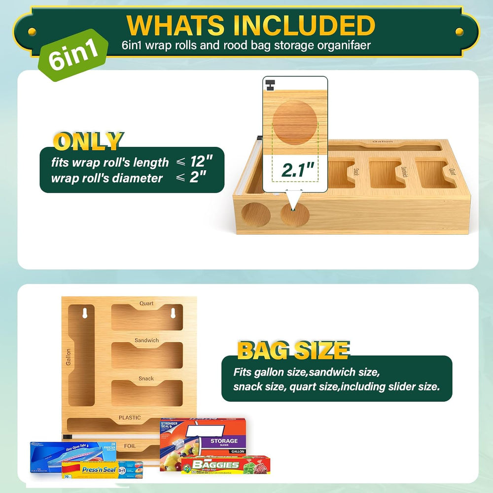 KOCWELL Bag Organizer and Plastic Wrap Dispenser with Cutter, 6 In 1 Bamboo F...