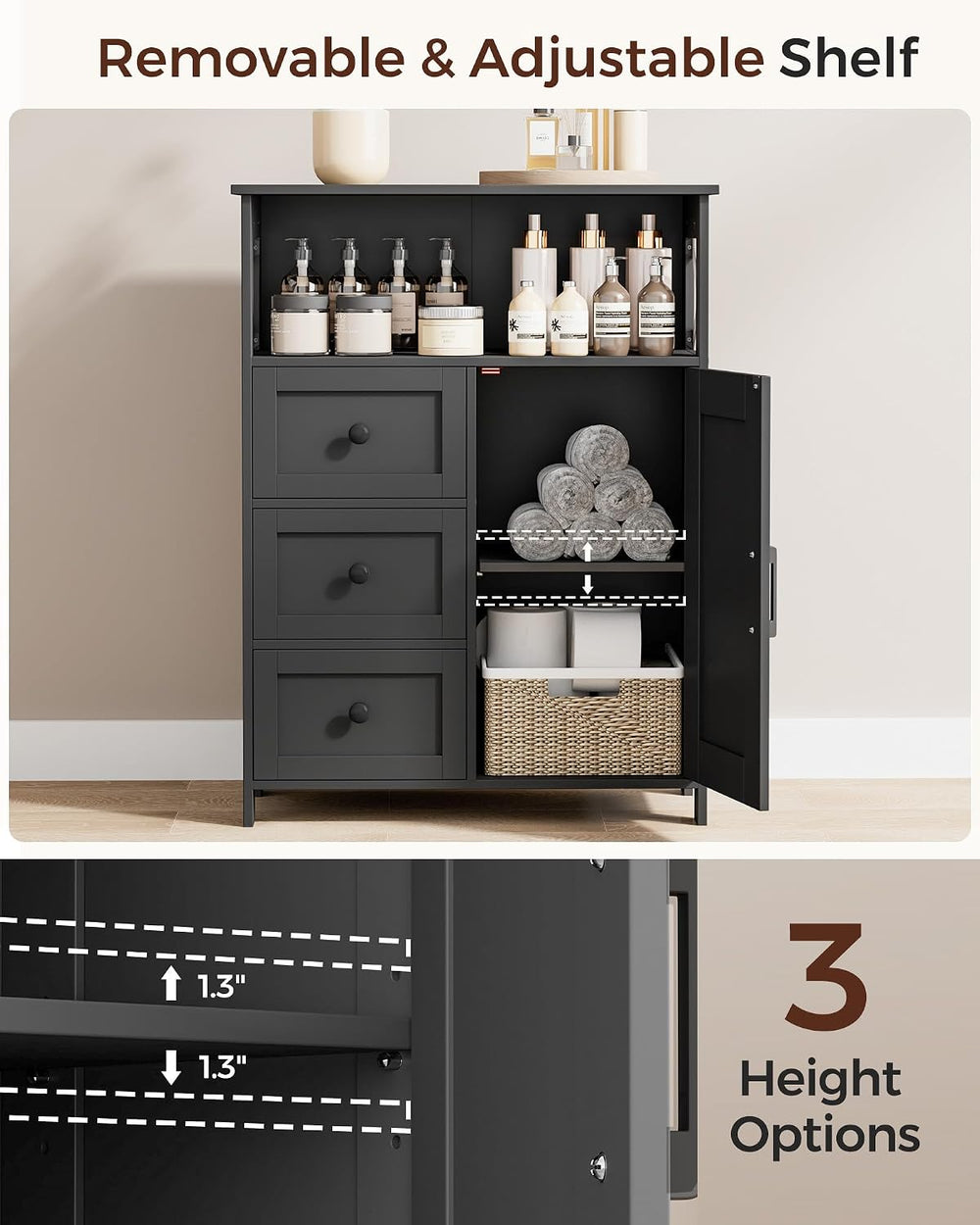 Homhedy Bathroom Storage Cabinet with 3 Drawers, Toilet Paper Cabinet