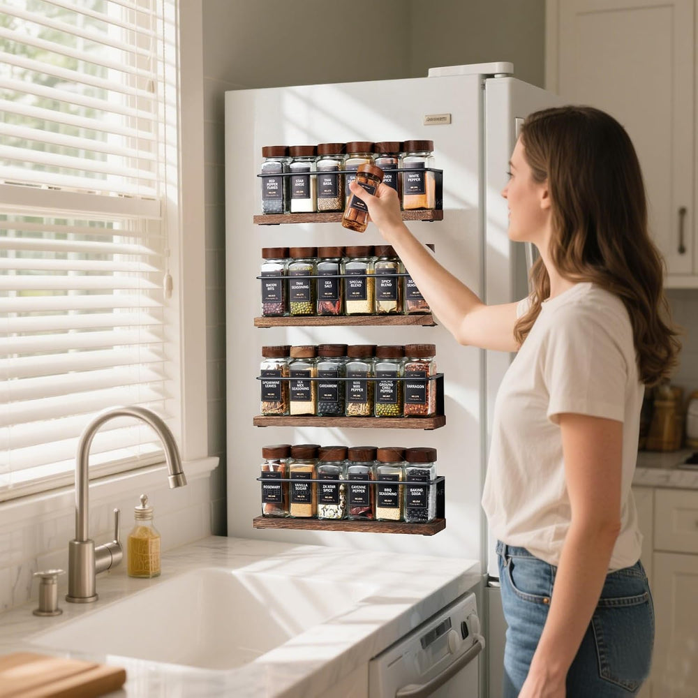Wooden Lid Magnetic Spice Rack with 24 Jars, 216 Labels, 1 Steel Funnel for R...