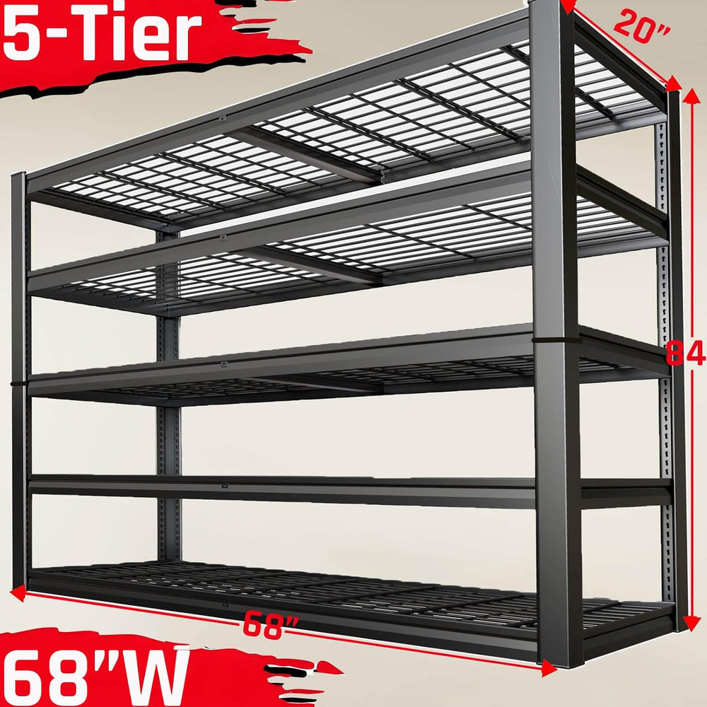 5-Tier Storage Shelves, 68" W Garage Shelving Heavy Duty Metal Adjustabl...