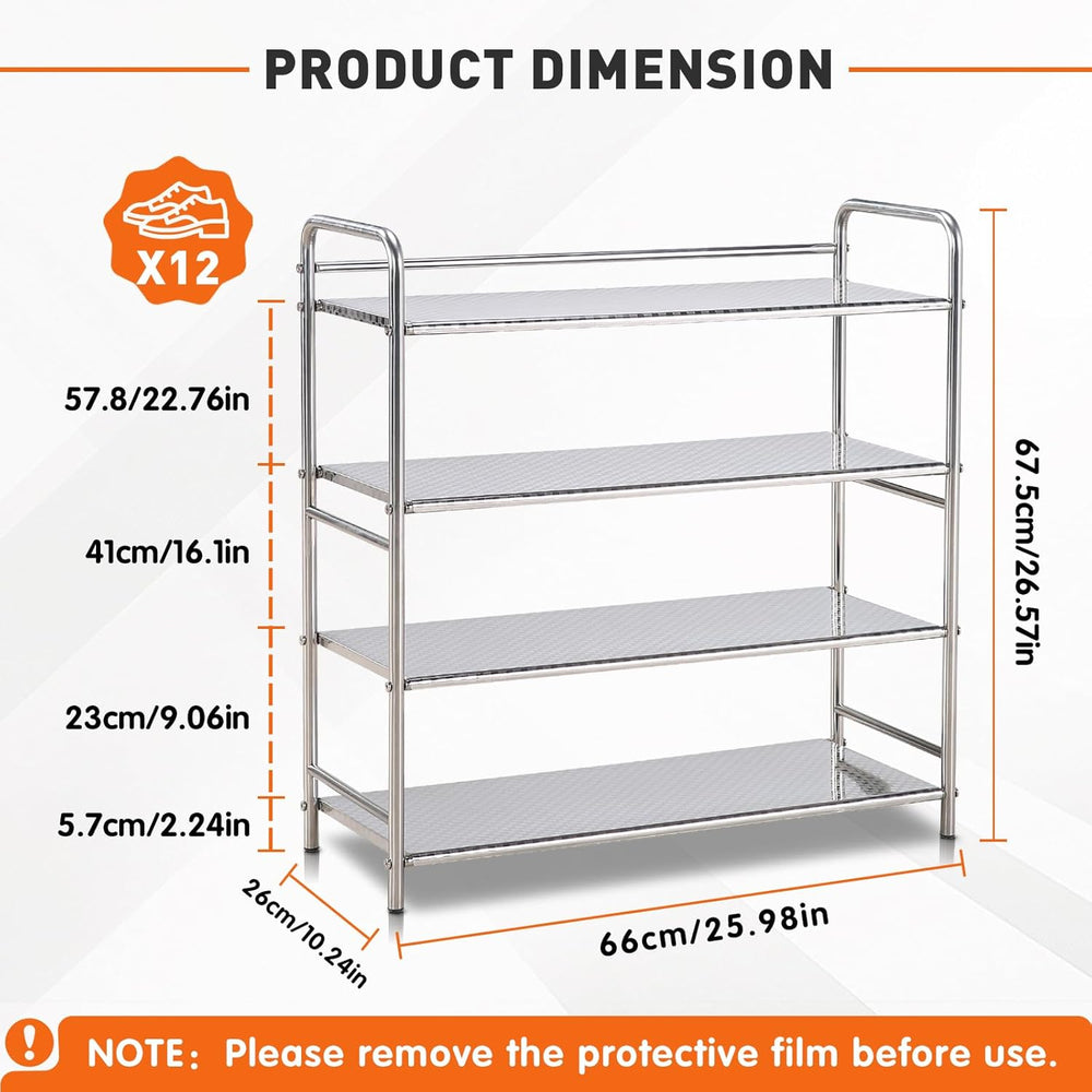 4-Tier Stainless Steel Shoe Rack, Heavy Duty Metal Shoe Organizer for Closet ...
