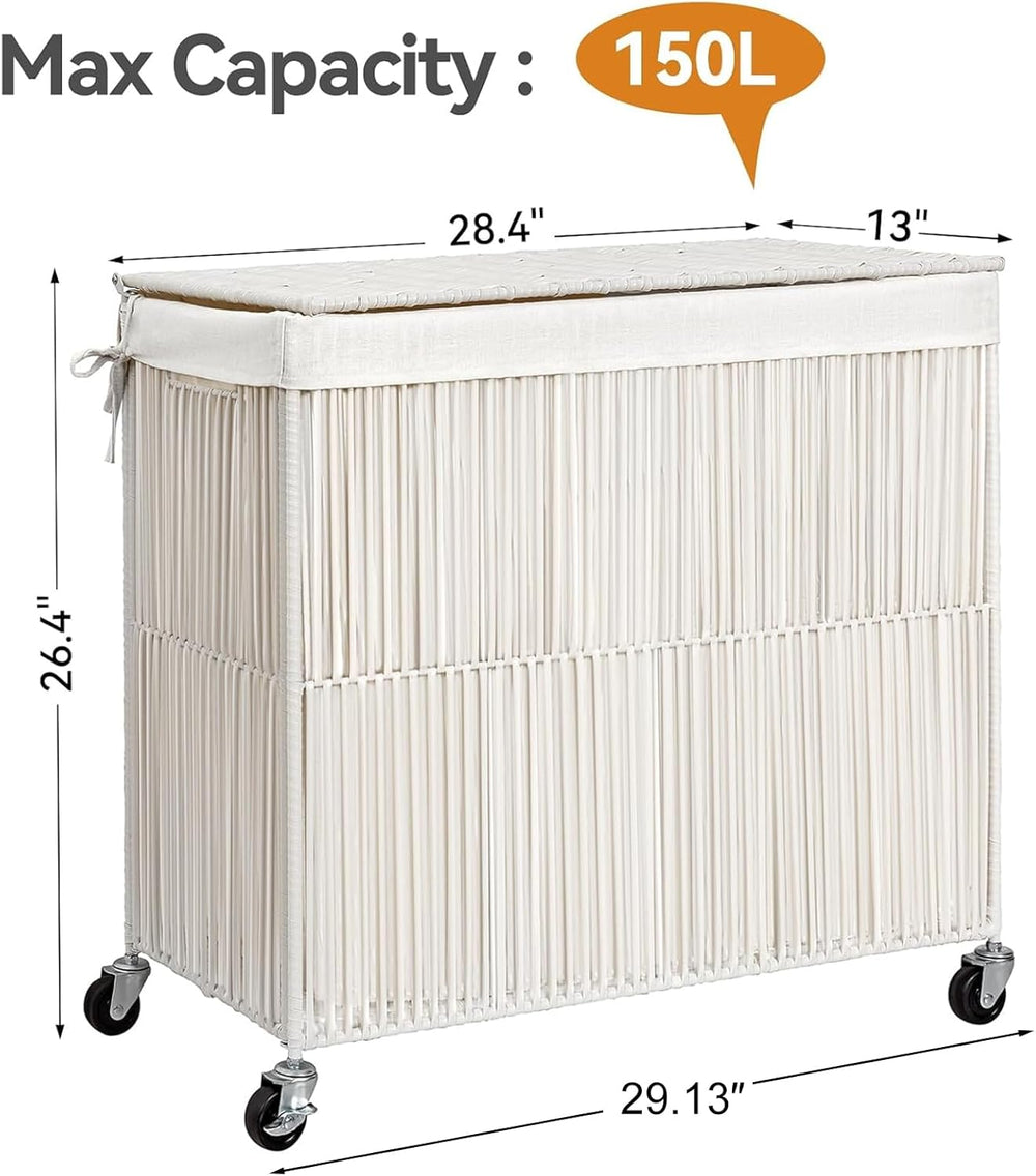 WOWLIVE Laundry Basket 3 Section, Handwoven Laundry Hamper with Wheels