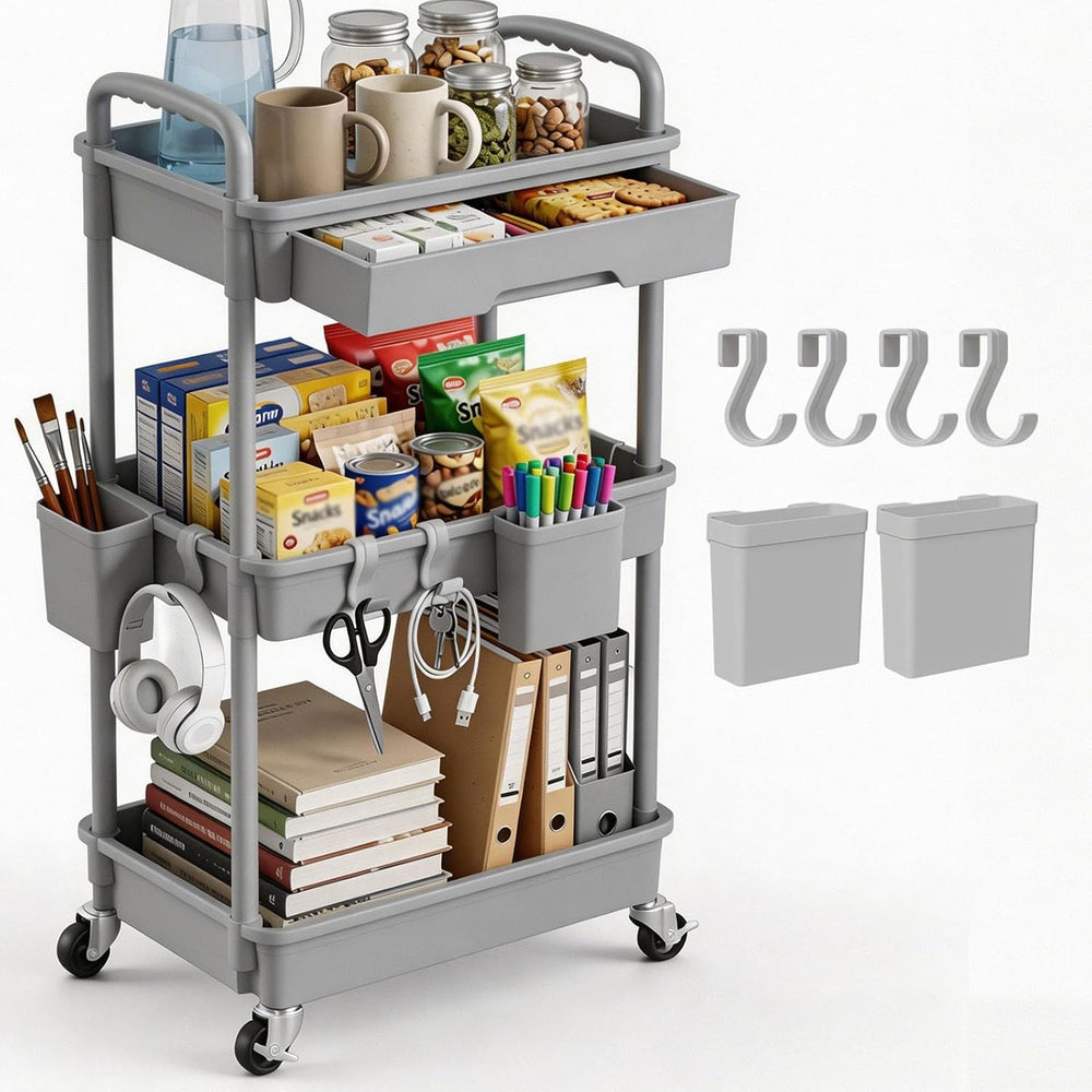 3 Tier Rolling Utility Cart with Drawer, Plastic Storage Organizer Rolling Ca...