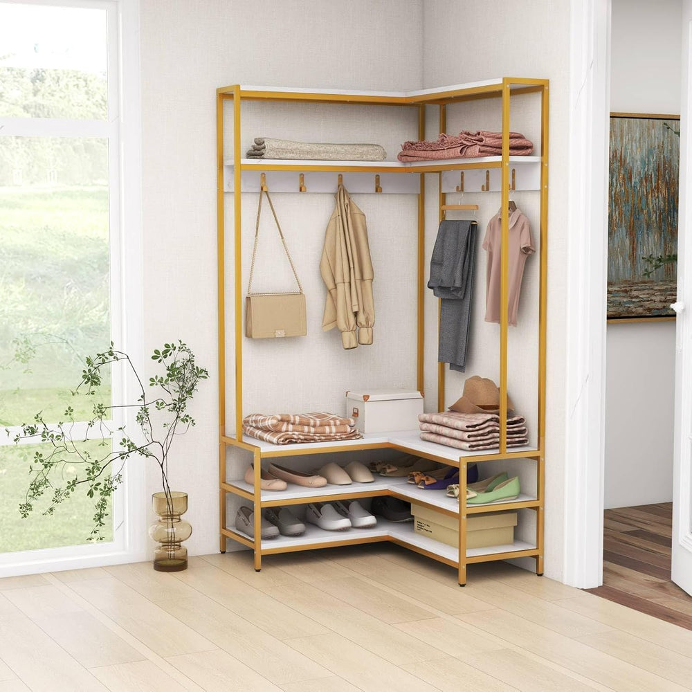 Multigot L-shaped Clothes Rack, Freestanding Corner Garment Rack Hall Tree wi...
