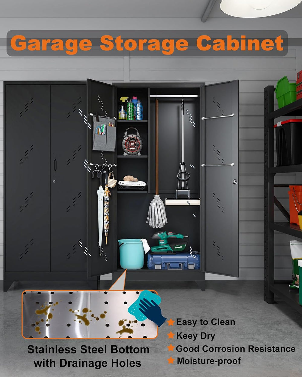 75" Metal Storage Cabinet with Lockable Doors,Utility Closet,Black