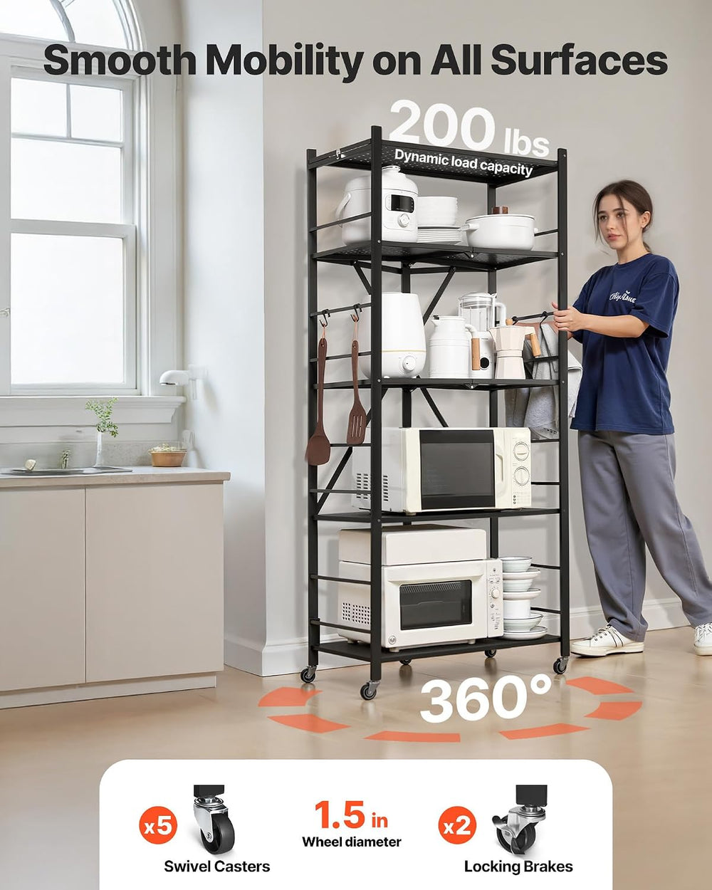 VEVOR 5-Tier Foldable Storage Shelf, 28W x 15D x 64H Inch Folding Metal Rack ...