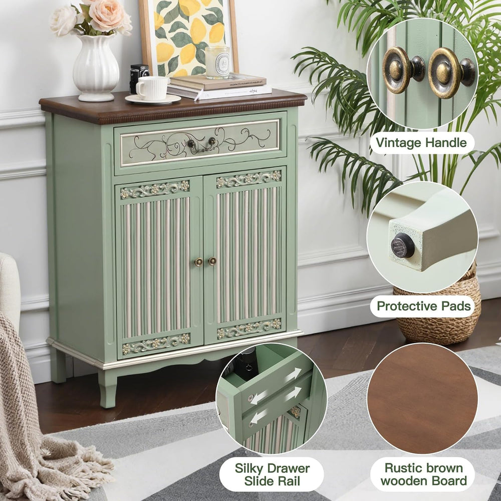 Ahokua Sage Green Accent Cabinet with Drawer and Textured Doors, Farmhouse St...