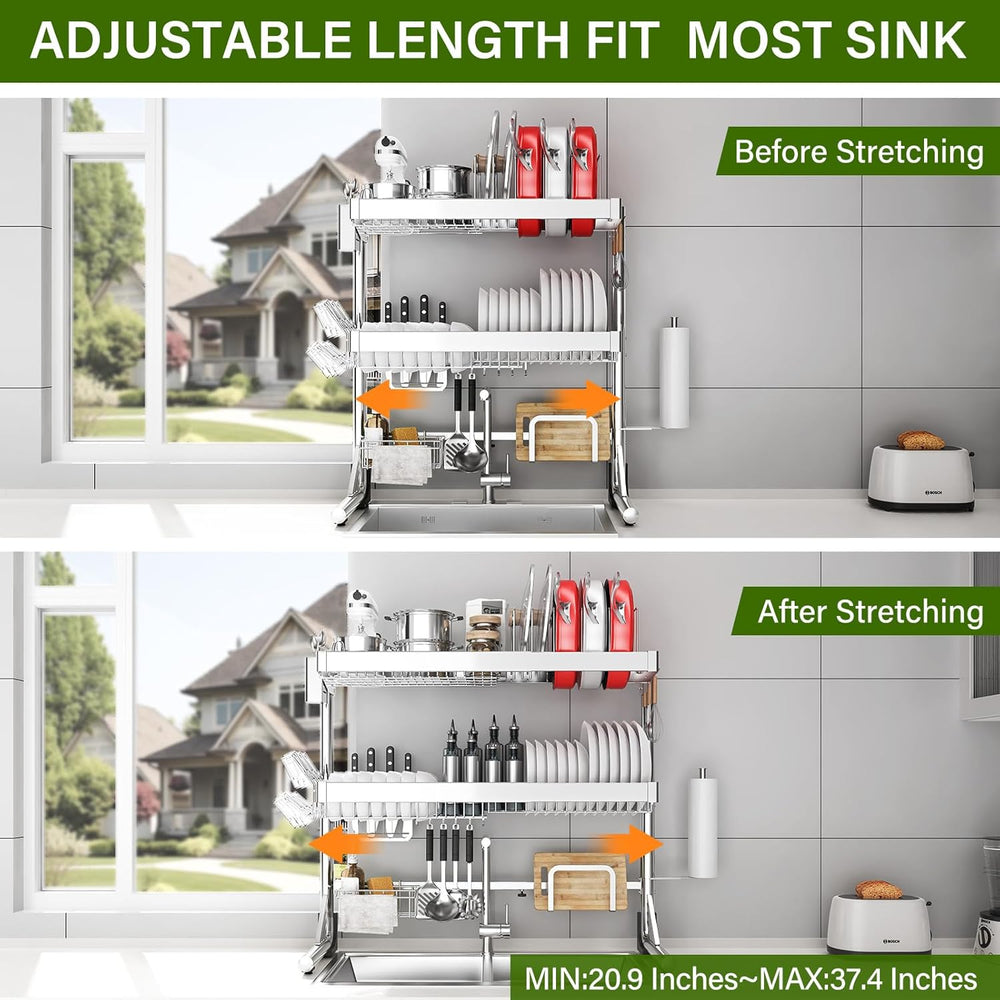 Over The Sink Dish Drainer Drying Rack 3 Tier, Full Stainless Steel Dish Dryi...