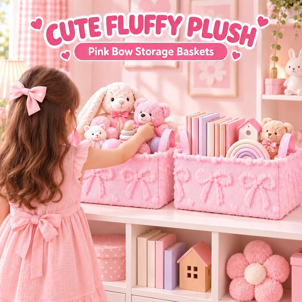 2 Pack Pink Bow Storage Baskets, 14x10'' Foldable Bins with Handles