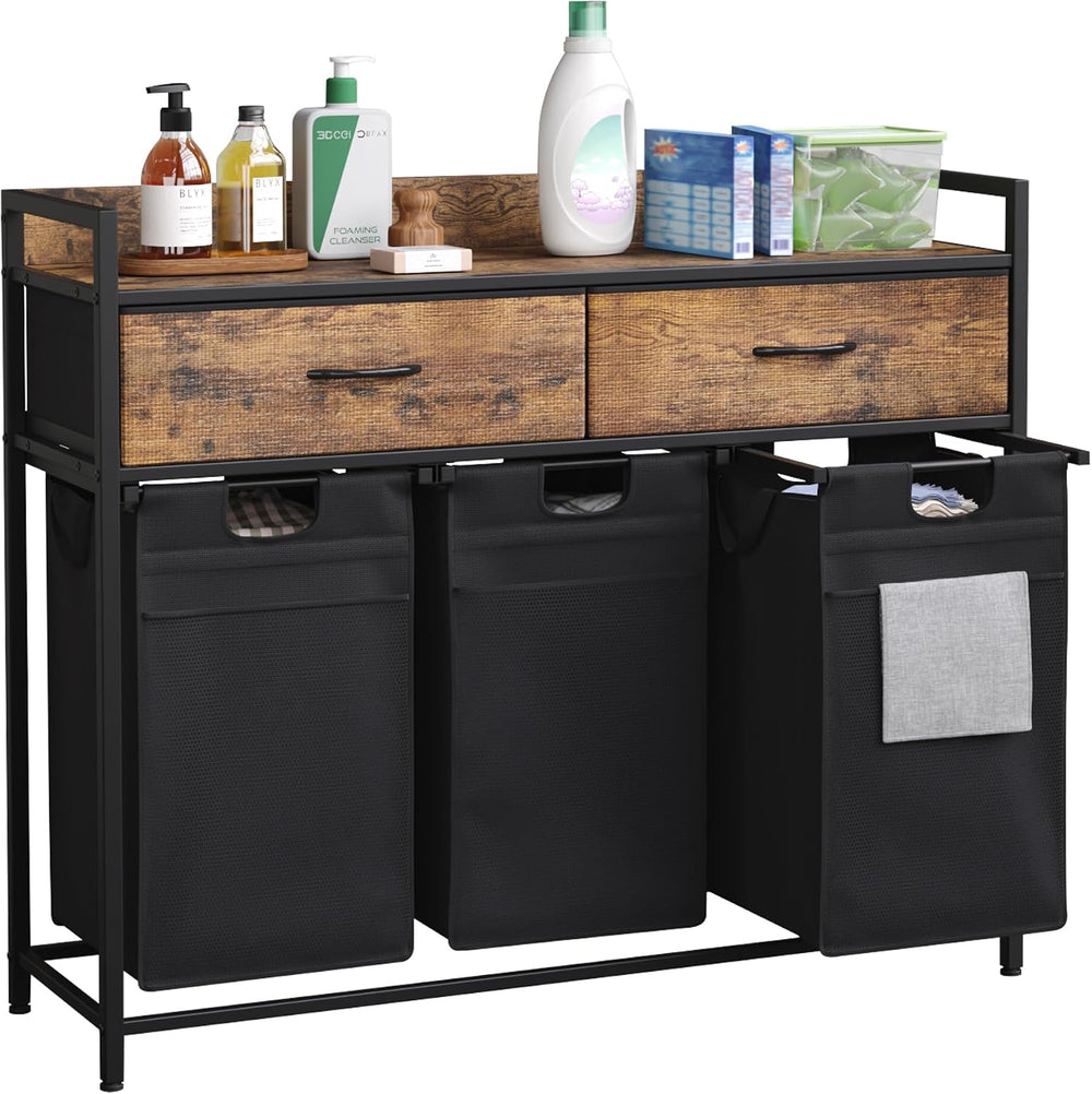 Mondeer 150L Laundry Sorter 3 Section with 3 Bags 4 Wheels 2 Drawers