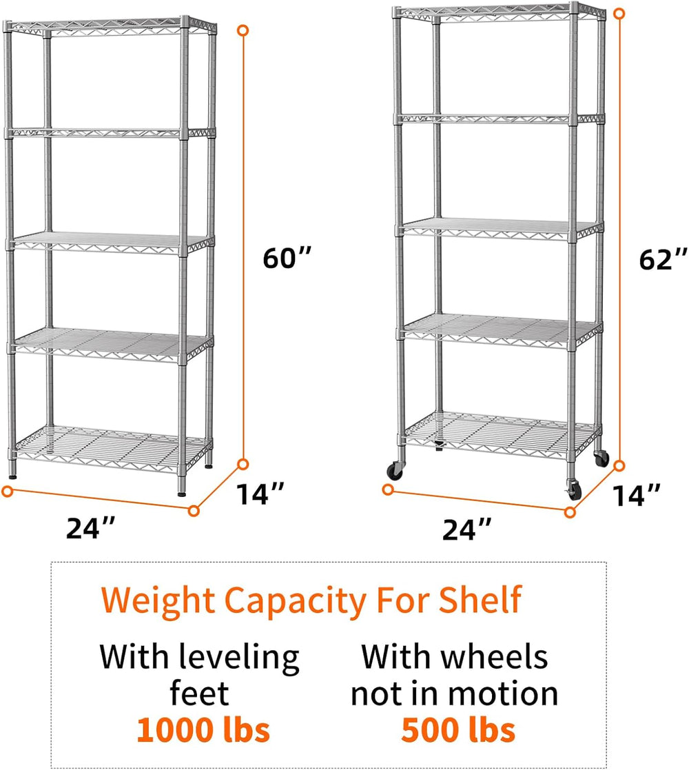 5 Shelves Storage Wire Shelf Closet Metal Shelving Pantry Wheels