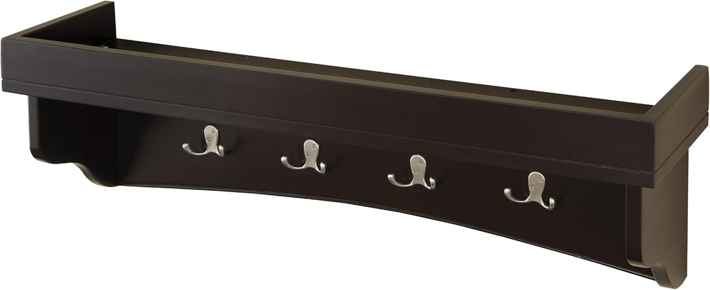 Shaker Cottage Coat Hooks with Tray Shelf, Chocolate - Wall Mounted Storage R...