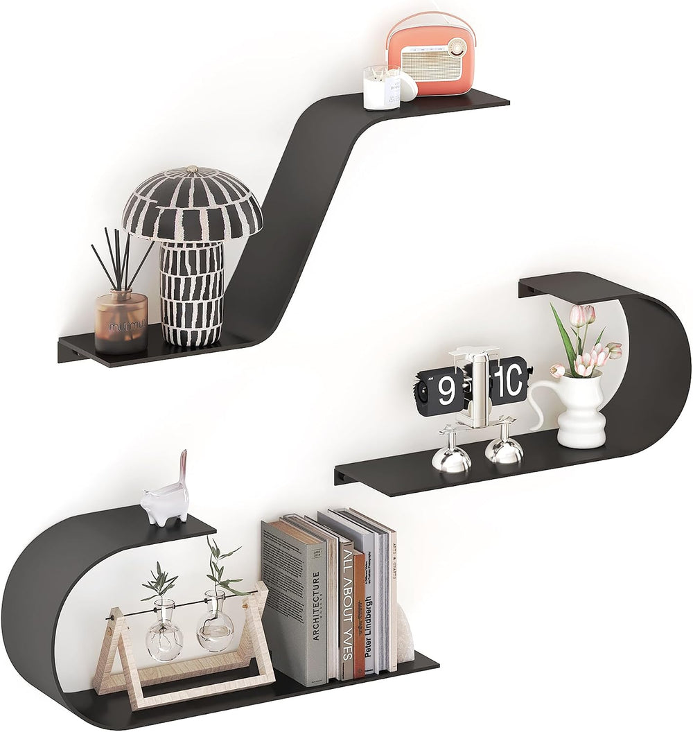 Black Floating Shelves Set of 3, Black Metal Decor, Unique Mounted Floating S...