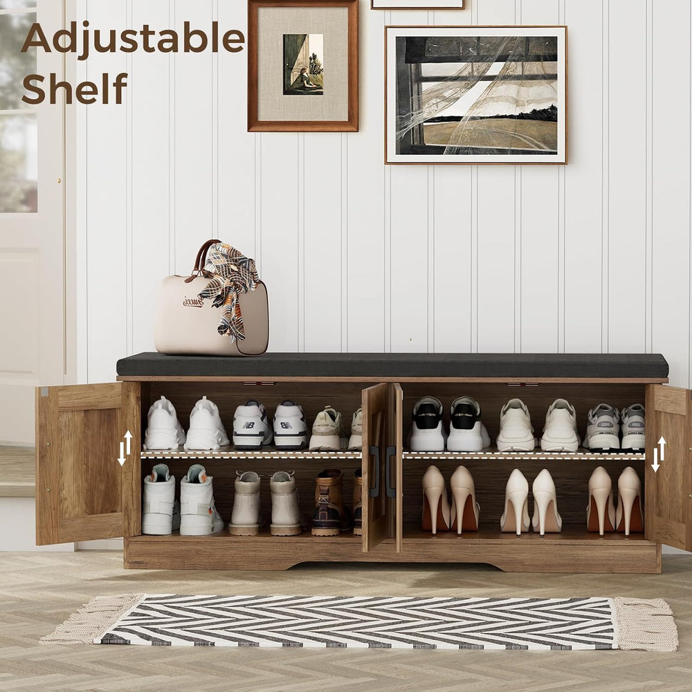 HOMSHO Farmhouse Shoe Storage Bench with 4 Barn Doors & Padded Seat Cushion
