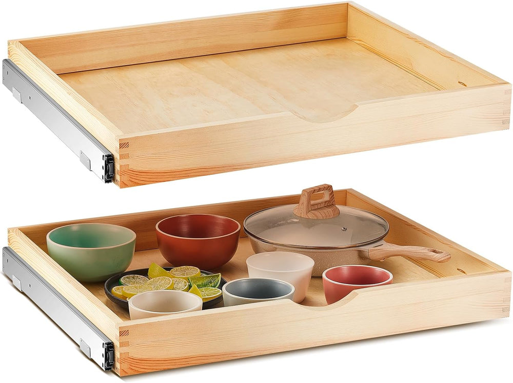 Menkxi 2 Set Wood Pull out Cabinet Organizer, Wood Color, 27'' X 21