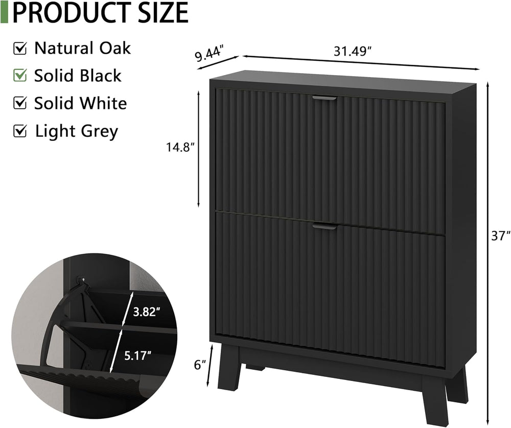 Xixini Shoe Cabinet with 2 Flip Drawers, 37" Tall Narrow Fluted Shoe Sto...