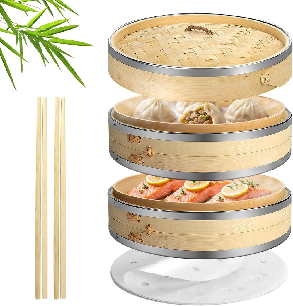 Flexzion 10-Inch Bamboo Steamer Basket Set with Stainless Steel Banding