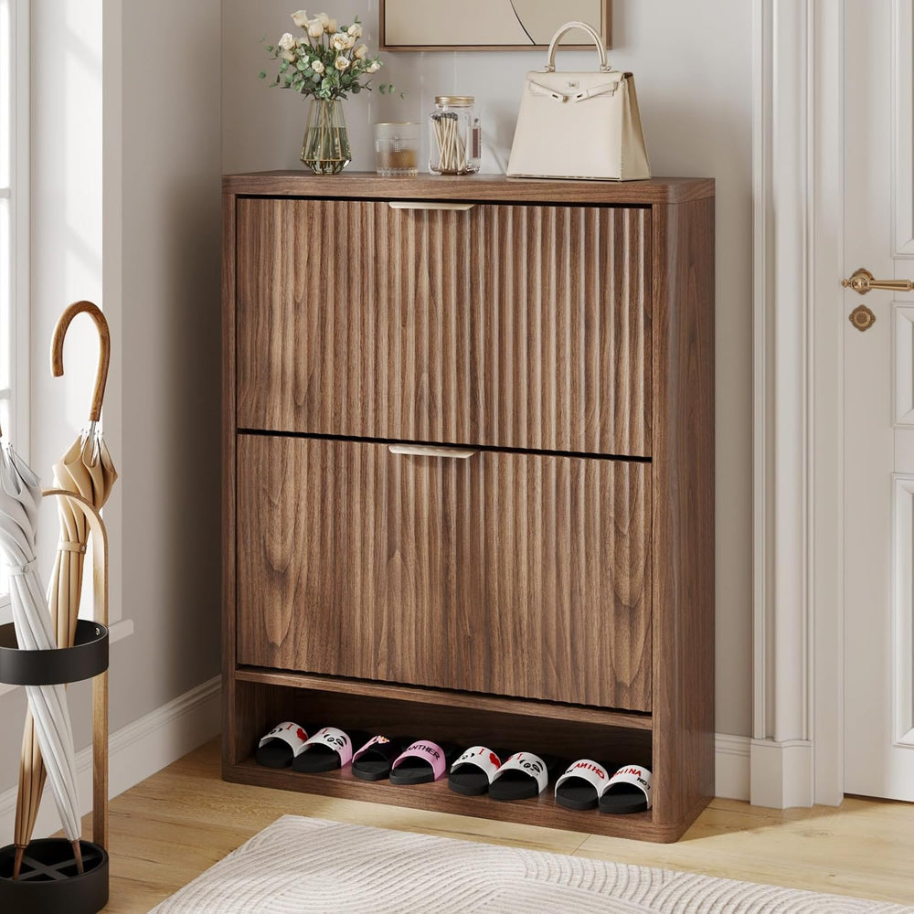 Fluted Shoe Cabinet Storage with 2 Flip Drawers, Narrow Shoe Storage Organize...