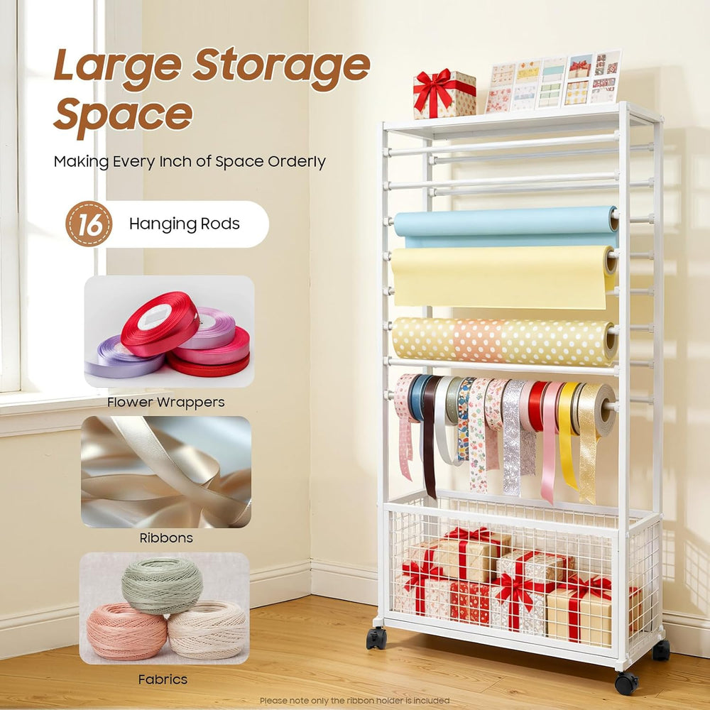 Ribbon Organizer Rack, Double-Sided 16 Tier Ribbon Storage Holder, Floral Wra...
