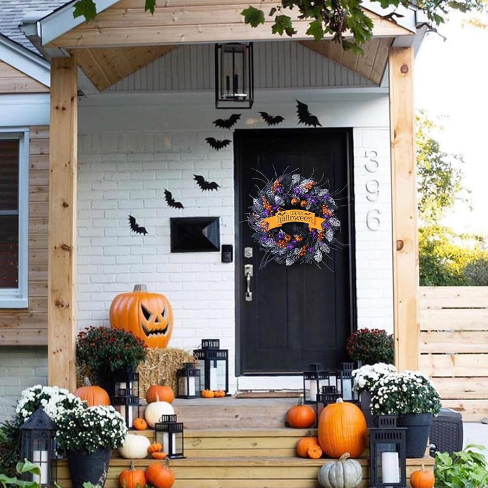22 Inch Halloween Glitter Pumpkin Spider Wreath for Front Door