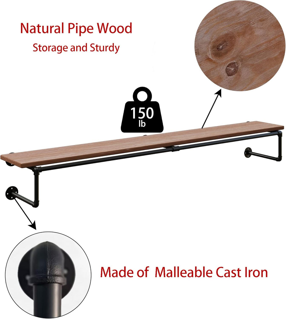 Clothes Rack 70in, Wall Mounted Garment Racks with Real Brown Wood Shelf, Hea...
