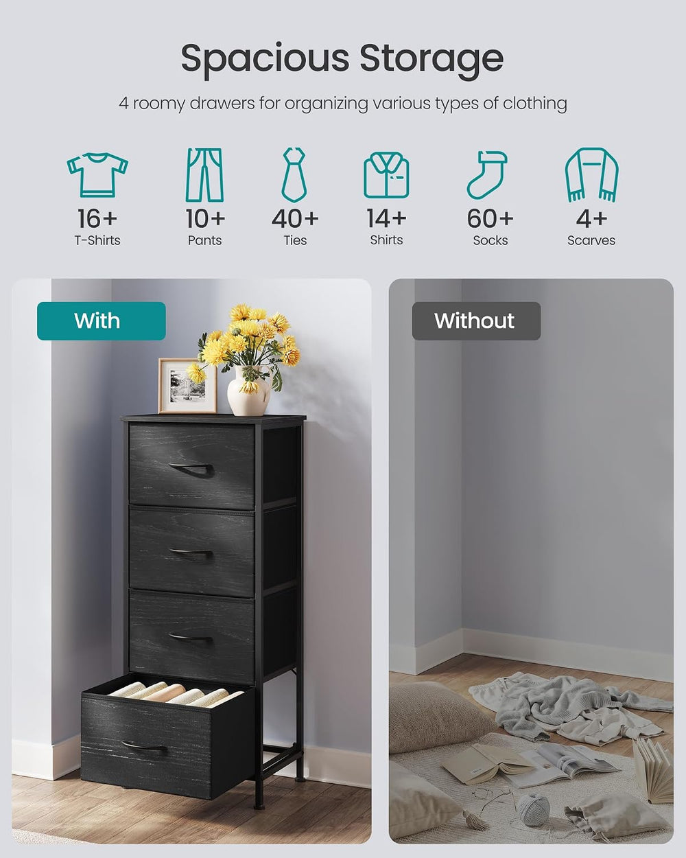 SONGMICS Dresser for Bedroom, Tall Dresser with 4 Fabric Drawers