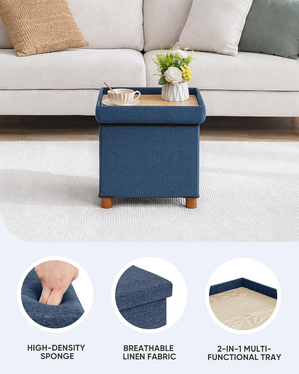 B FSOBEIIALEO 15" Square Storage Ottoman with Tray, Wood Legs, Linen Blue