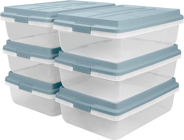Hefty Hi-Rise Storage Bin with Lid, 40 Quart, Smoke Blue, 6 Pack