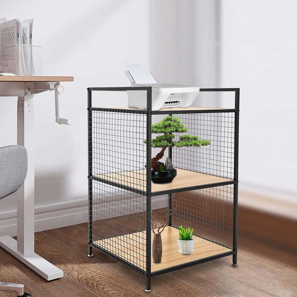 3-Tier Shelving Unit, Metal Small Bookshelf, Rustic Wood Storage Shelf with M...