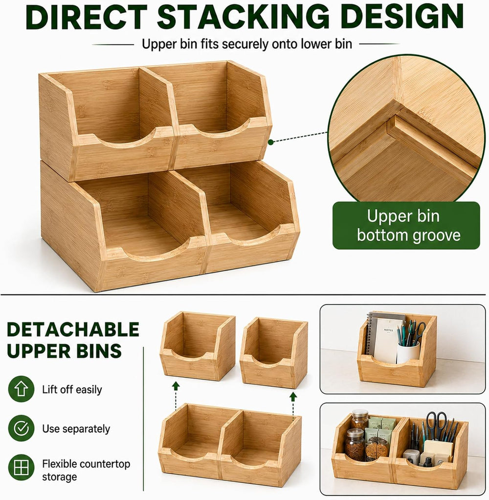 Bamboo Pantry Storage Bins Set of 3, Stackable Desktop Organizer