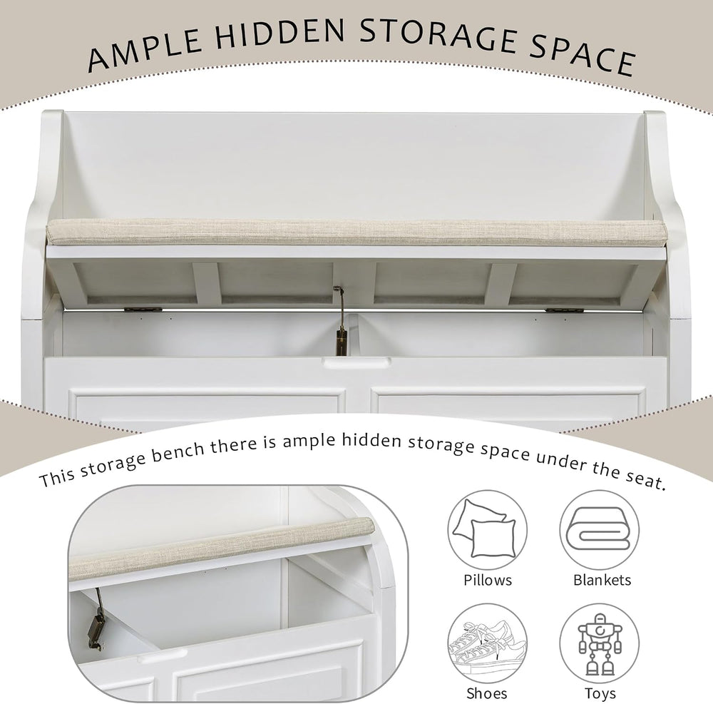 42" Rustic Storage Bench Entryway Bench Shoe Cabinet Ottoman (White)