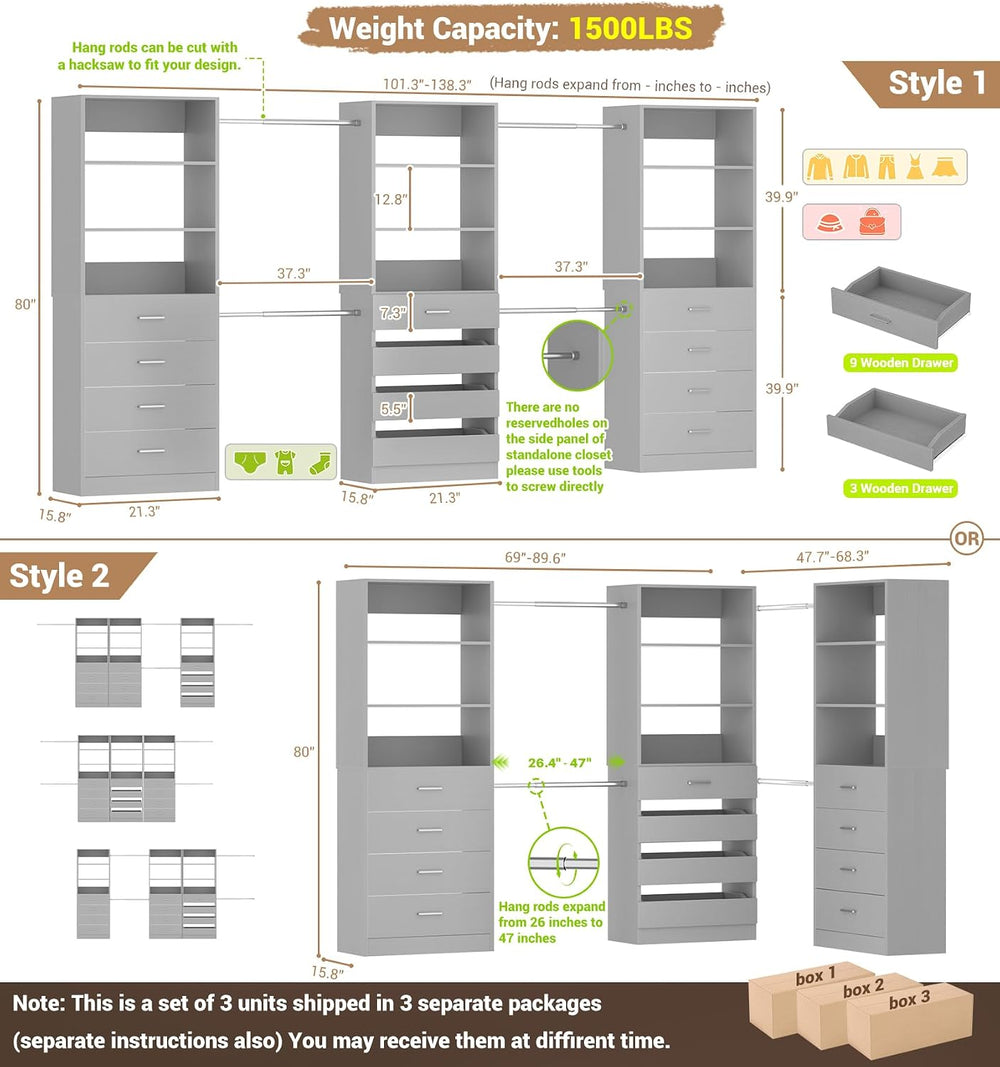 Aheaplus Closet System with 12 Drawers, 8.5-11.5Ft Closet Organizer System