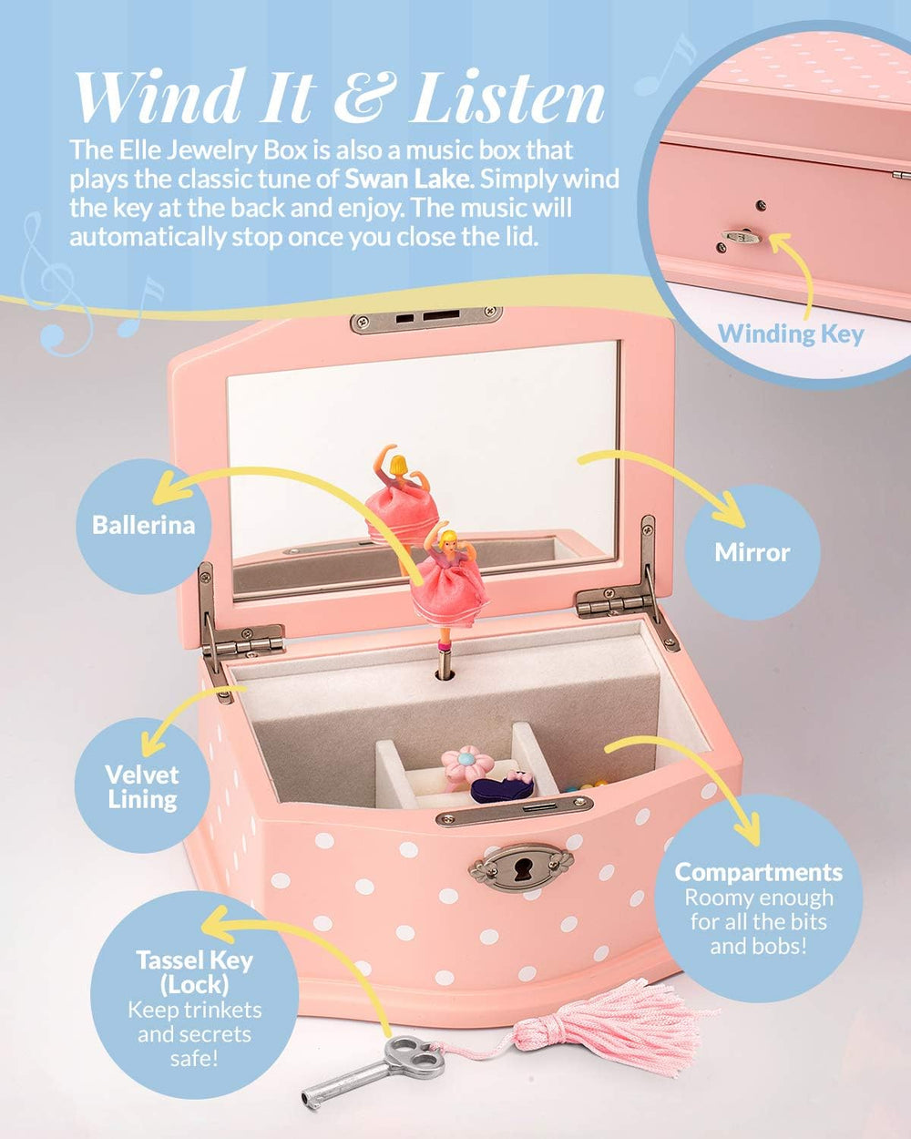 Elle Jewelry Box - Ballerina Jewelry Organizer and Swan Lake Wind-Up Music Bo...