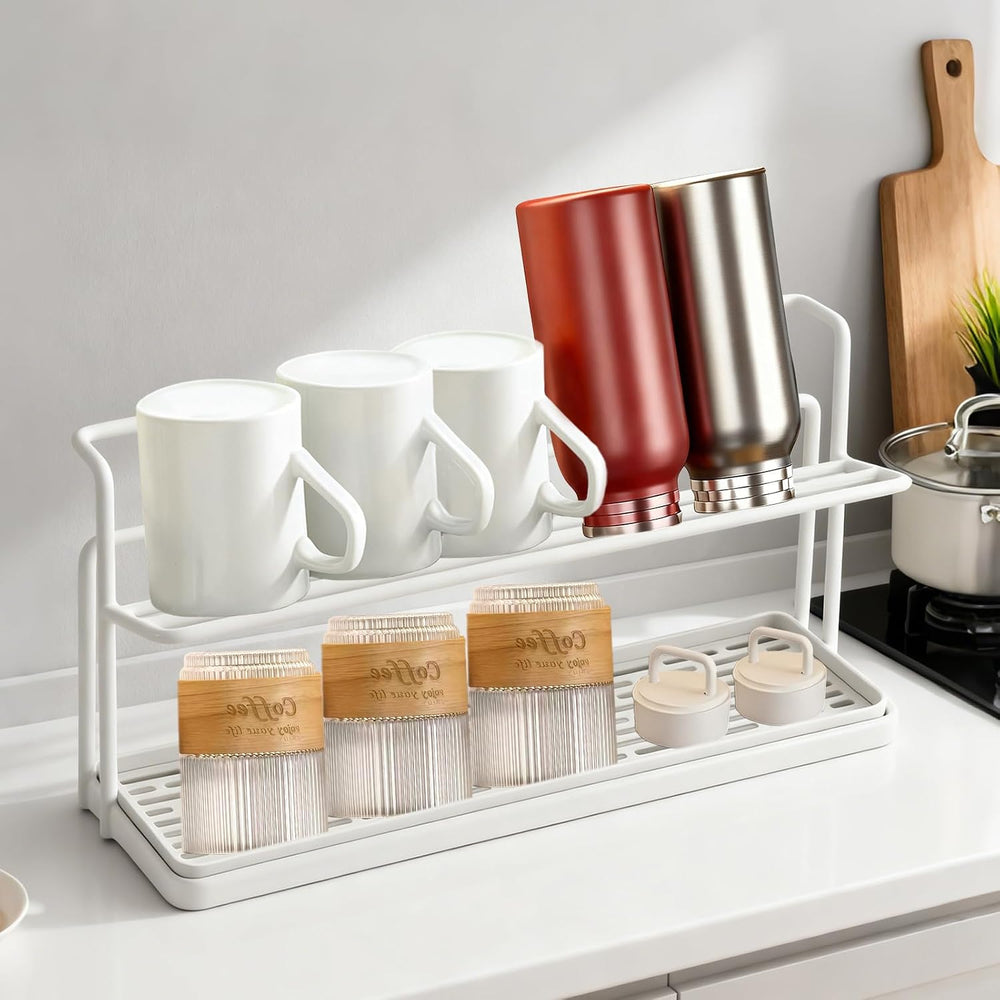 Water Bottle Drying Rack With Drain Tray - 2-Tier Kitchen Cup Storage and Mug...