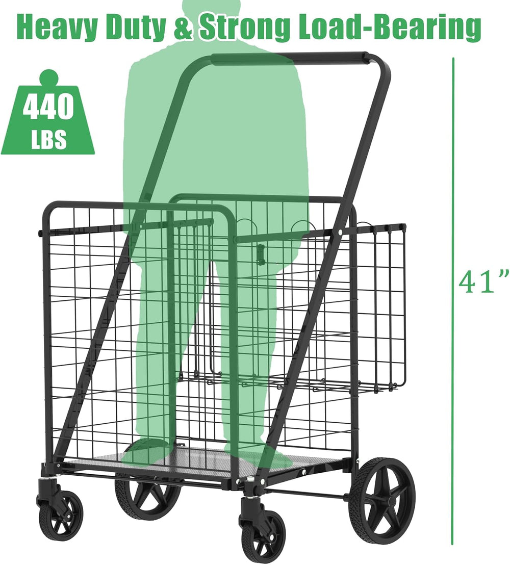 Heavy Duty Folding Shopping Cart with 360° Swivel Wheels, Super Jumbo