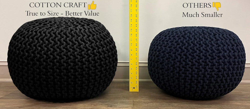 COTTON CRAFT Round Black Pouf -Hand Knitted Cotton Braid Cord Dori Ottoman