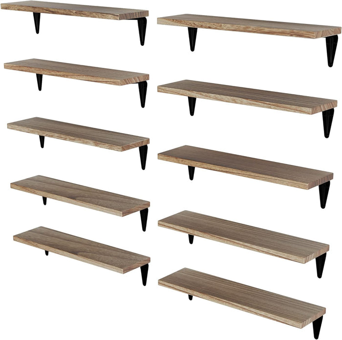 Wallniture Arras Wood Floating Shelves for Wall Storage, Small Bookshelf, Hanging Book Shelves for Living Room, Bedroom, Office, Burnt Finish, Set of 10 (Burnt)