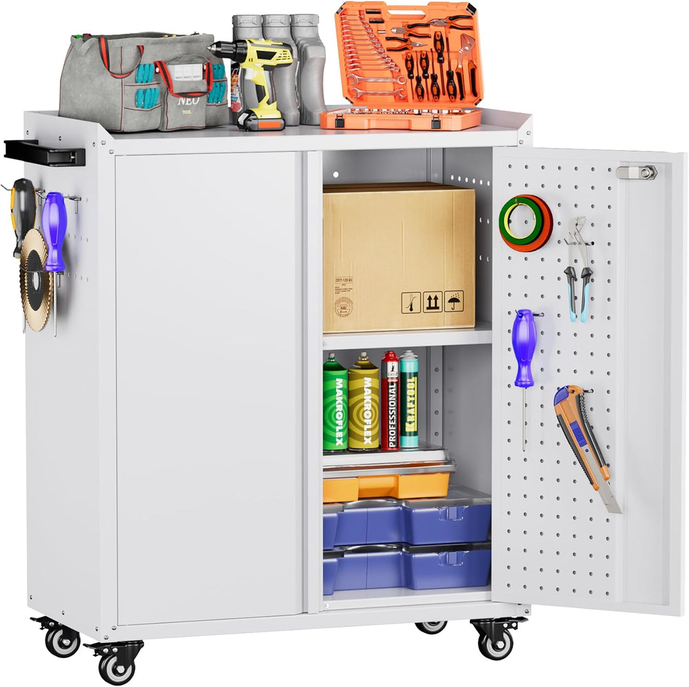SUXXAN Small Storage Cabinet with Wheels and Pegboard,Assembly Required