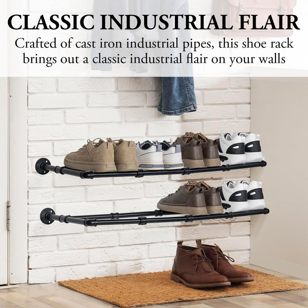 MyGift Matte Black Pipe Shoe Rack Shelves, Wall Mounted Footwear Organizer
