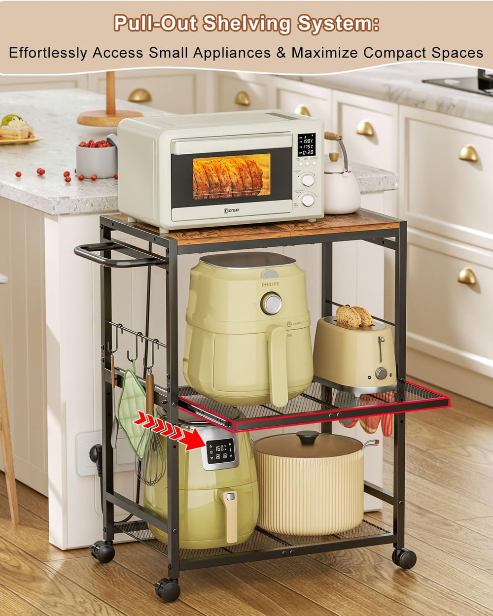 Feyejade 3-Tier Rolling Kitchen Cart with Storage, Compact Metal Island