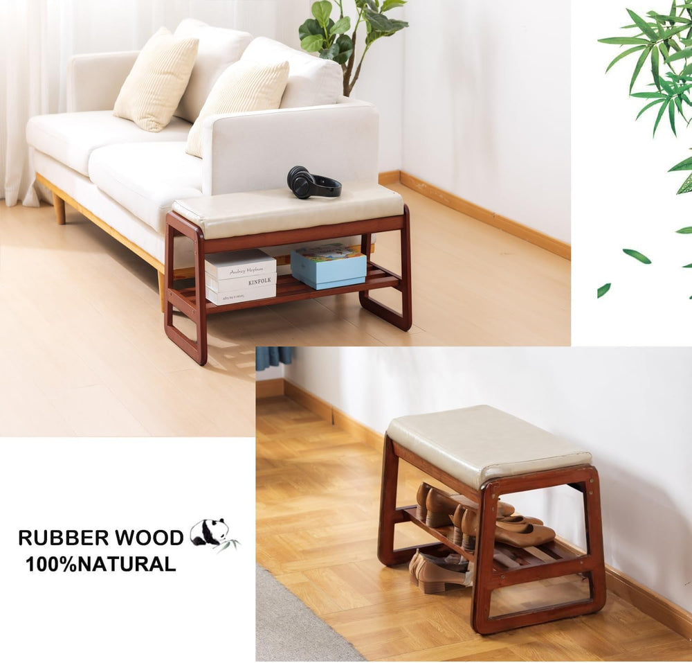 latifolia Solid Wood Bench, Entryway Shoe Bench with Cushion, 2 Tier Shoe Sto...