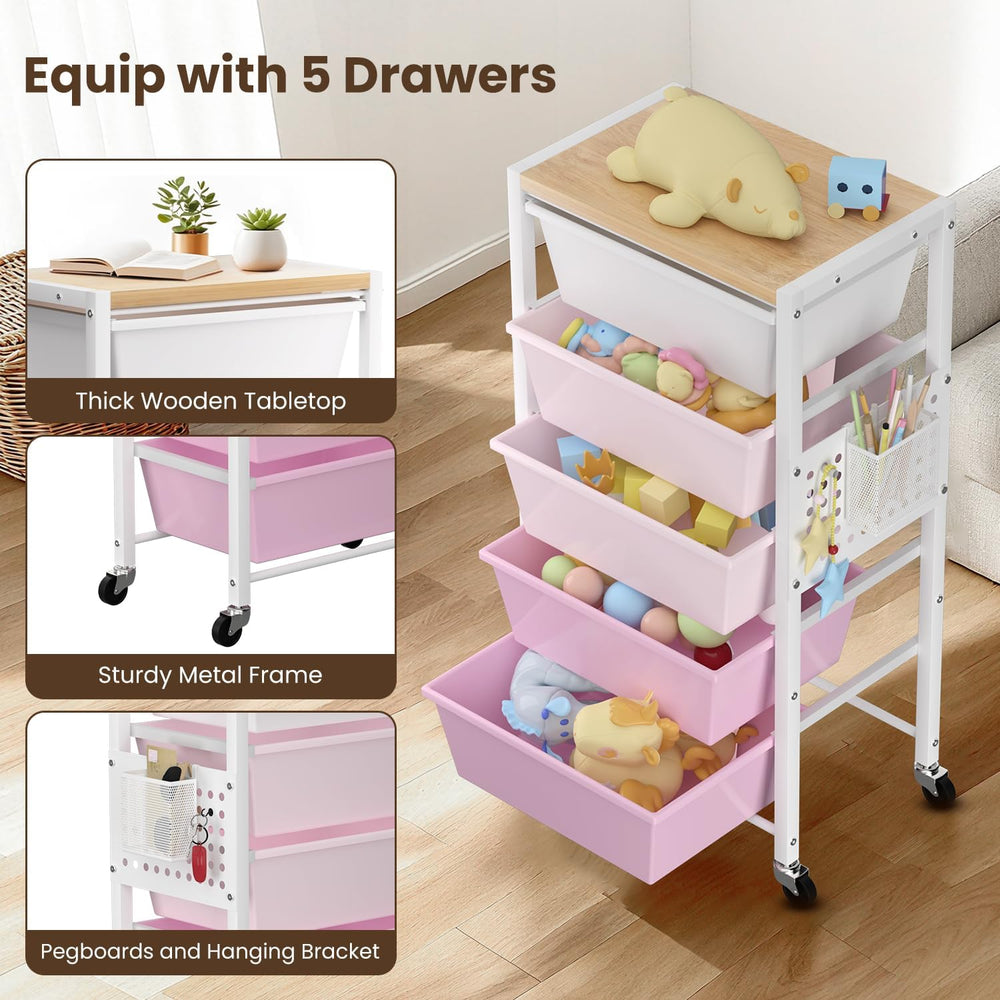 Rolling Cart with 5 Drawers, Plastic Drawer Storage Carts with Wheels & W...