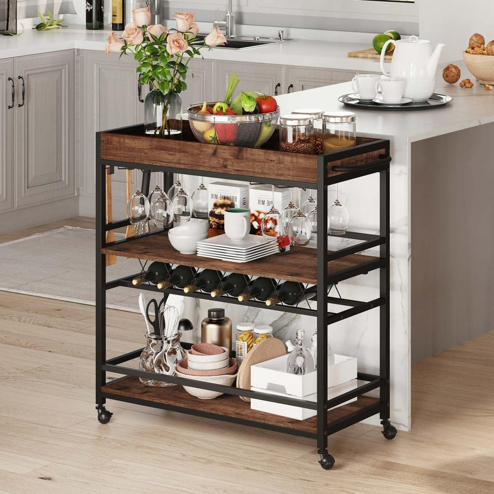 Rolling Bar Cart on Wheels for Home with Wine Rack, Glass Holder