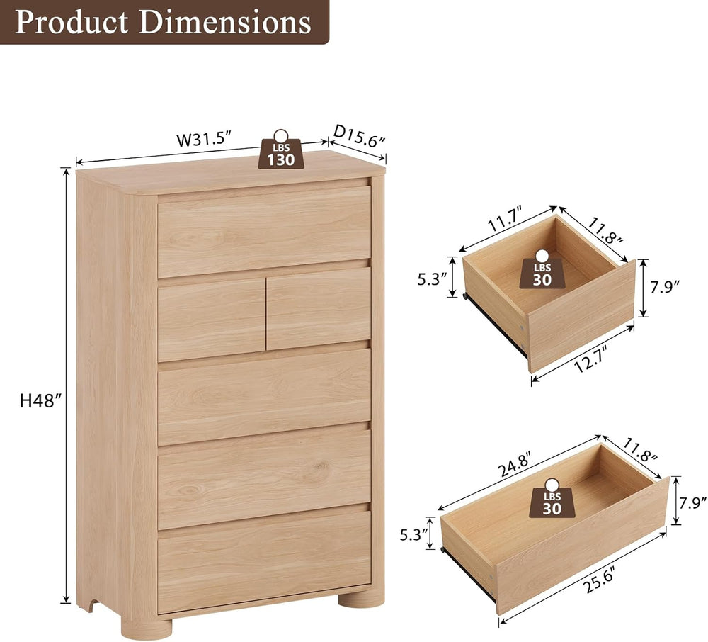 YANSNWO Natural 6 Drawer Dresser for Bedroom, 48" Tall Chest of Drawers