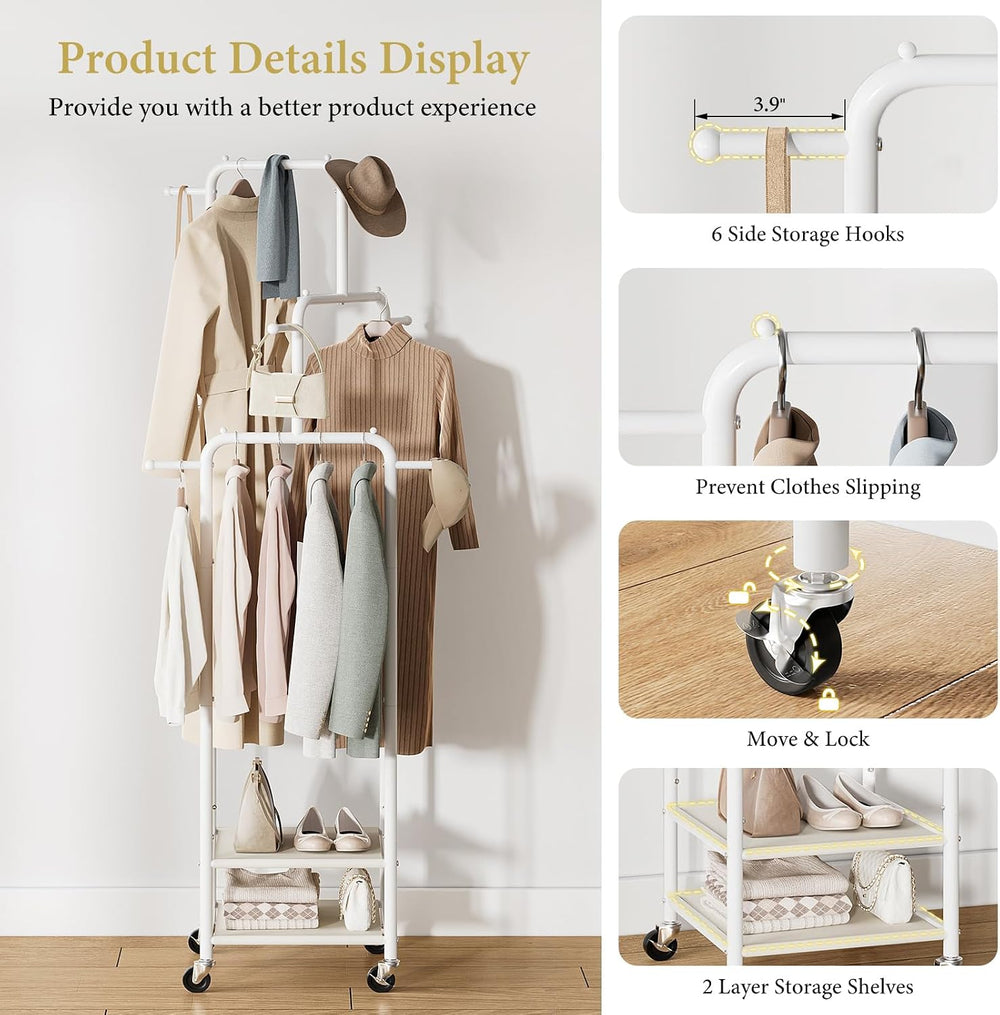 Chrislley Small Clothing Rack With Wheels & 2 Shelves, Narrow Clothes Rack