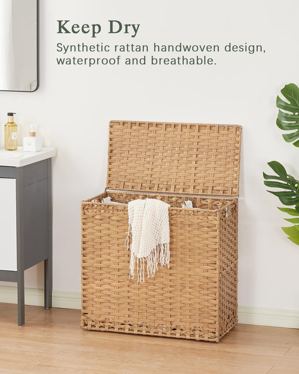 SETVSON Laundry Hamper with Lid Laundry Basket 132 L PE Rattan Natural