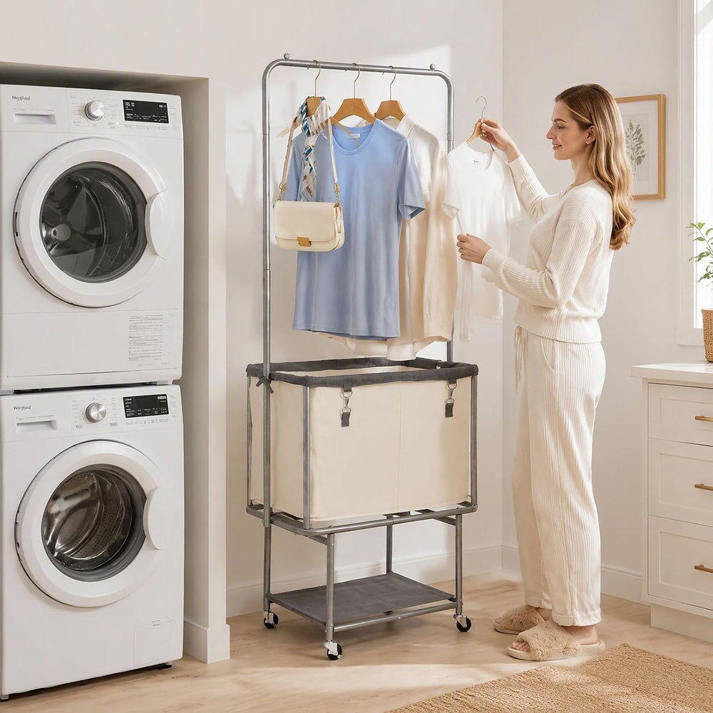 Rolling Laundry Cart 110L With Hanging Bar & Storage Shelf, Beige